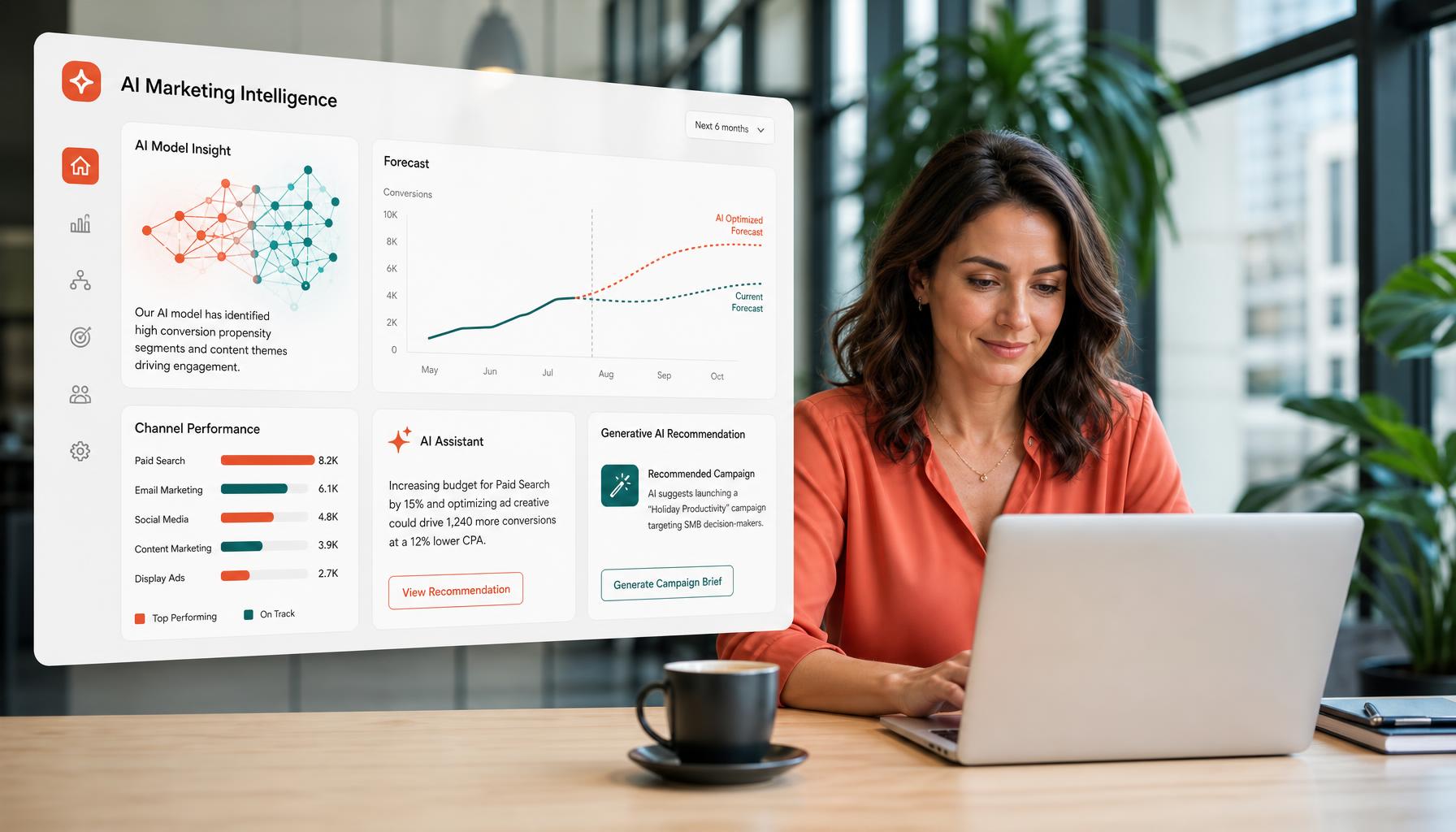 Responsable marketing analysant un tableau de bord IA de performance marketing