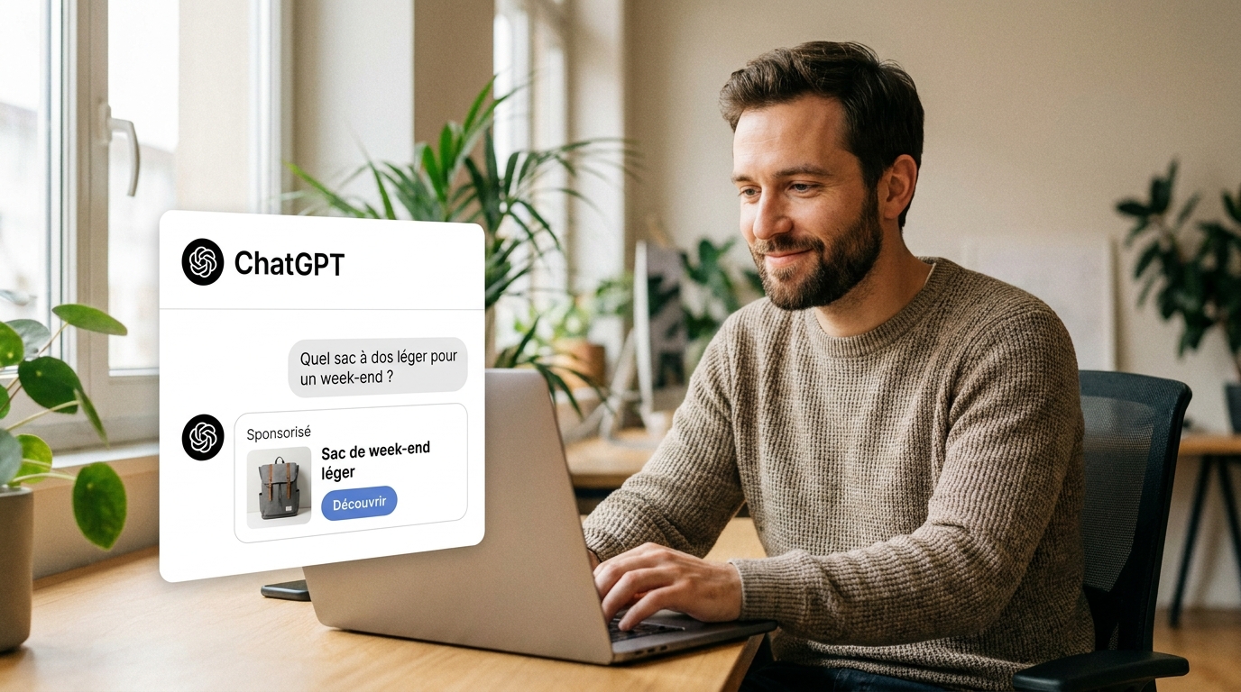 Interface ChatGPT avec une publicité sponsorisée — cahier de tendances ChatGPT Ads Enablers