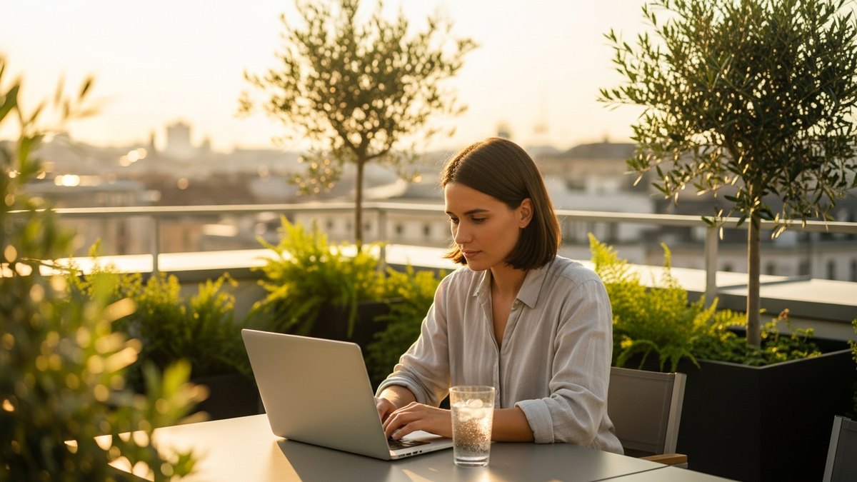 Professionnelle travaillant sur un ordinateur portable sur un rooftop ensoleillé en été — innovation digitale et IA, newsletter Enablers