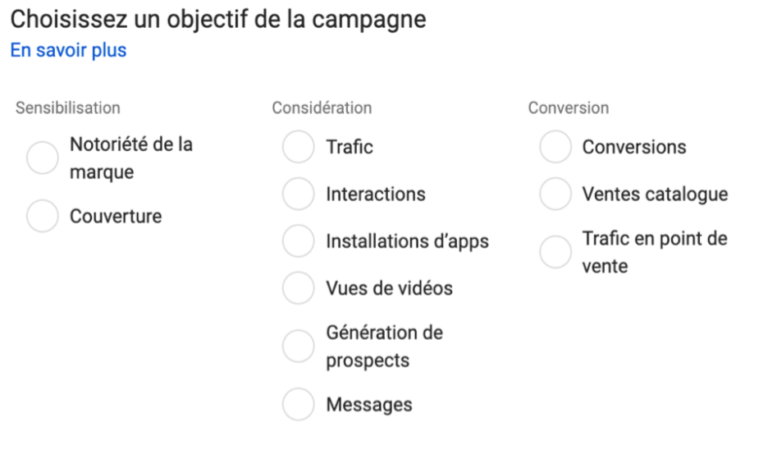 Capture d'écran : choix d'un objectif de campagne publicitaire