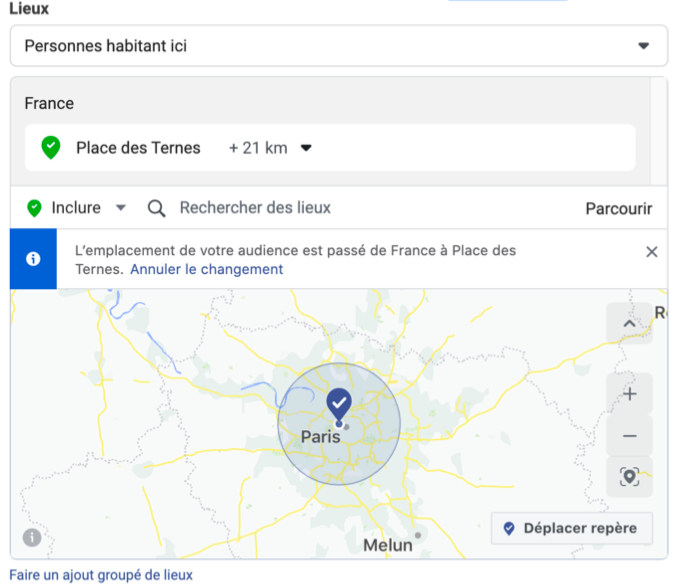 Capture d'écran : ciblage géographique Google Ads autour de Paris