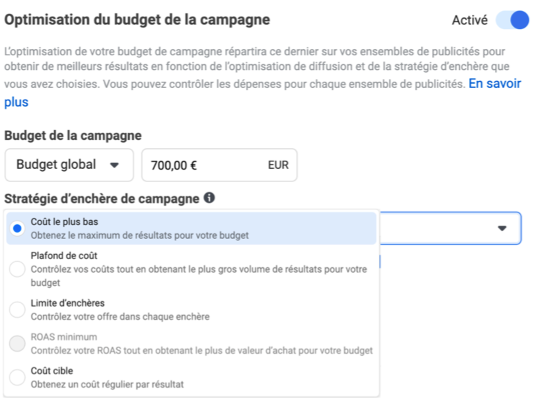 Capture d'écran : optimisation du budget d'une campagne publicitaire