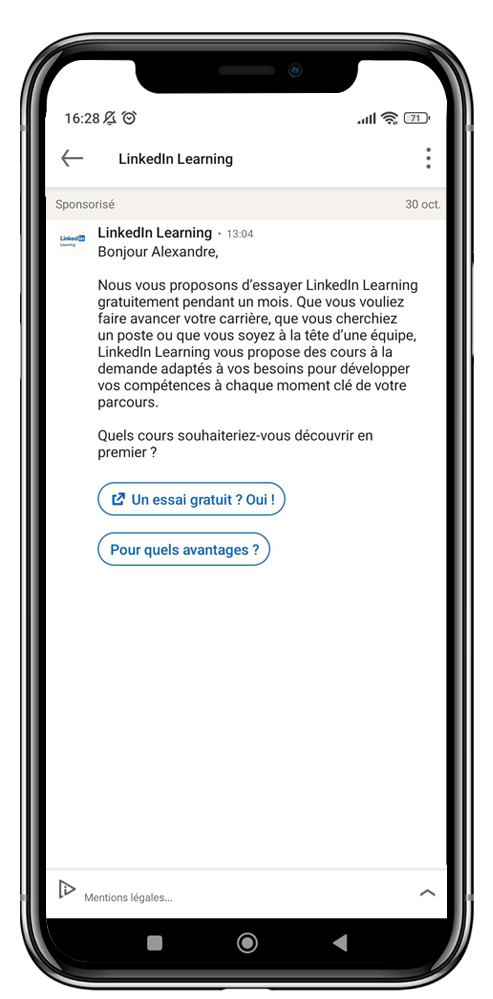 Conversation LinkedIn Learning sur smartphone