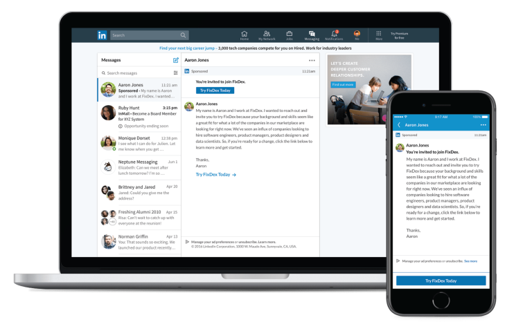 Messagerie LinkedIn sur ordinateur portable et smartphone