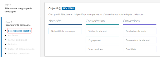 Capture d'écran : objectif d'un groupe de campagnes LinkedIn