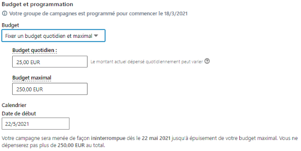 Capture d'écran : budget et programmation d'une campagne LinkedIn