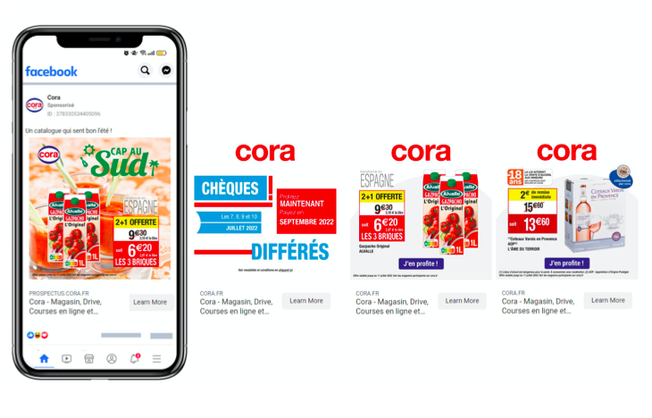 Smartphone affichant des publicités Facebook d'une enseigne de distribution