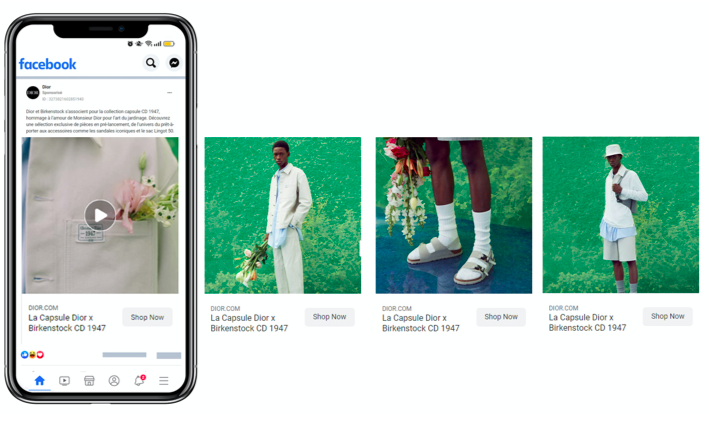 Smartphone affichant un fil de publicités Facebook