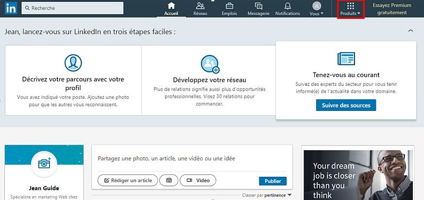 Capture d'écran : création d'un profil et d'un fil LinkedIn