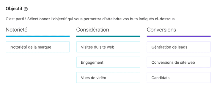Capture d'écran des objectifs de campagne LinkedIn