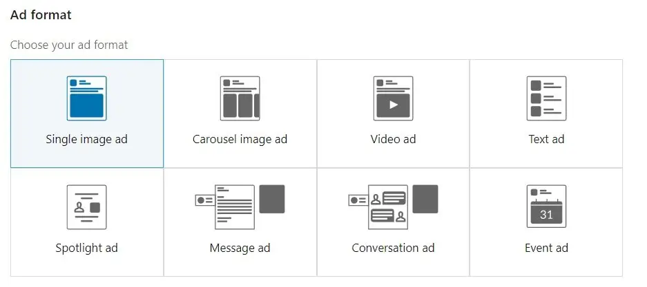 Capture d'écran des formats publicitaires LinkedIn