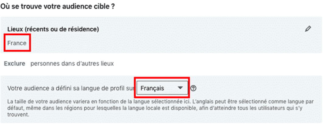Capture d'écran : ciblage géographique d'une audience LinkedIn en France