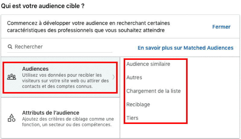 Capture d'écran des options de ciblage d'audience LinkedIn
