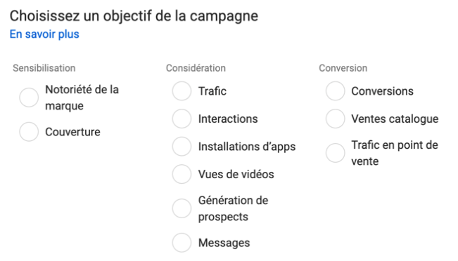 Capture d'écran : choix d'un objectif de campagne publicitaire