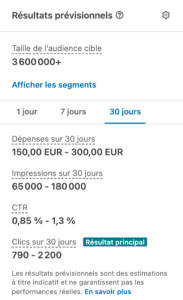 Capture d'écran des résultats prévisionnels d'une audience LinkedIn