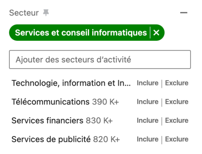 Capture d'écran : filtre par secteur d'activité dans Sales Navigator