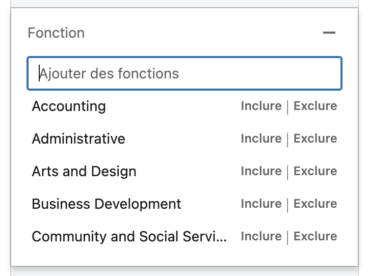 Capture d'écran : filtre par fonction dans Sales Navigator
