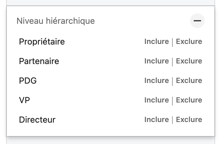 Capture d'écran : filtre par niveau hiérarchique dans Sales Navigator