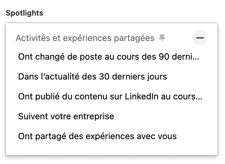 Capture d'écran des filtres Spotlights de LinkedIn Sales Navigator