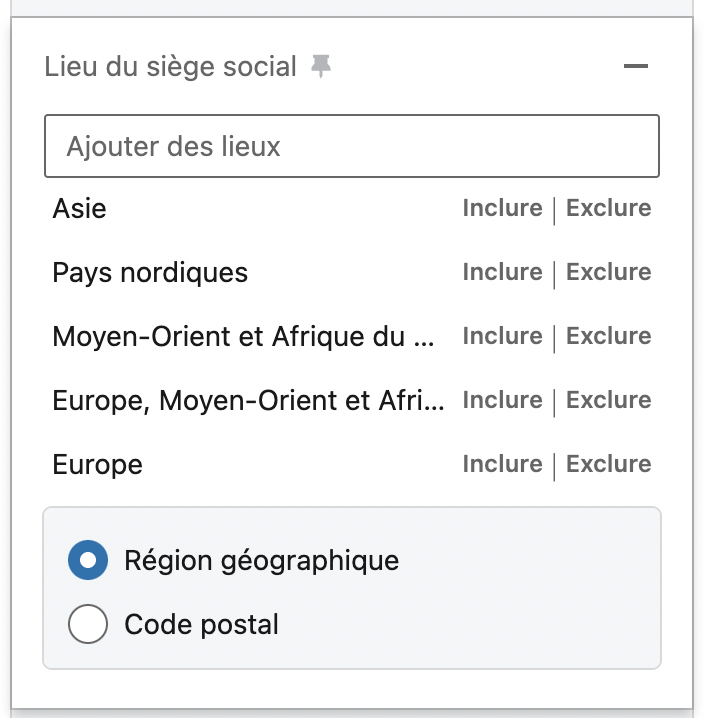 Capture d'écran : filtre par zone géographique dans LinkedIn Sales Navigator