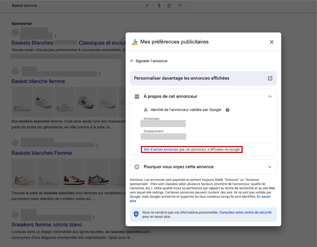Capture d'écran des préférences publicitaires Google