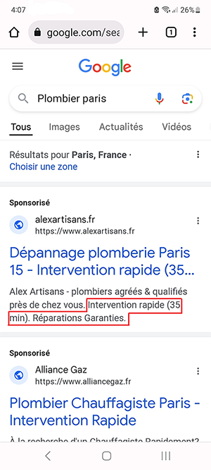 Capture d'écran de résultats Google pour la recherche plombier Paris