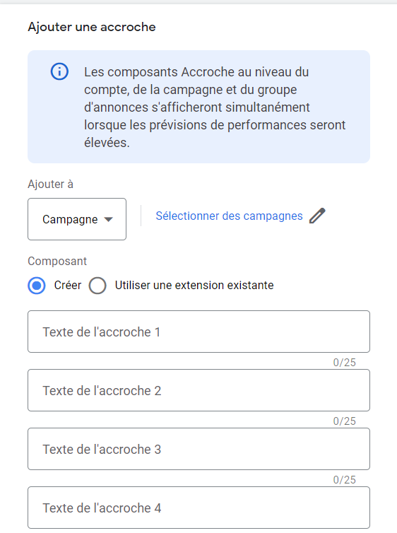 Capture d'écran : ajout d'accroches à une campagne Google Ads