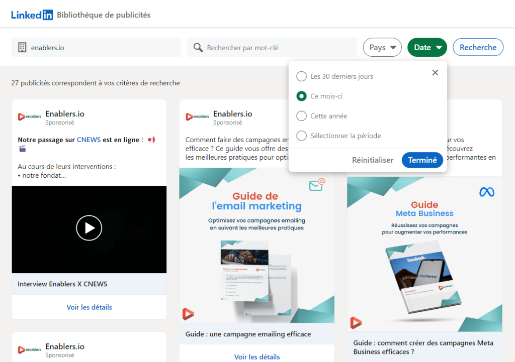 Capture d'écran des résultats de la médiathèque publicitaire LinkedIn