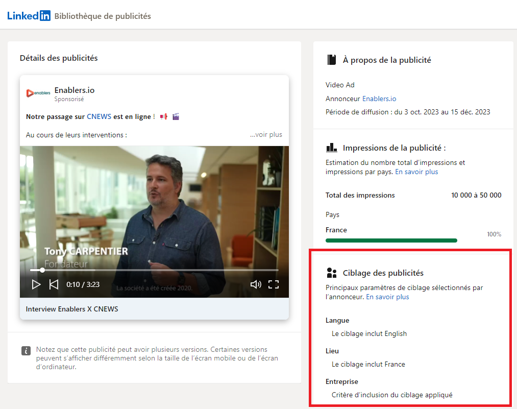 Capture d'écran du détail d'une annonce dans la médiathèque LinkedIn
