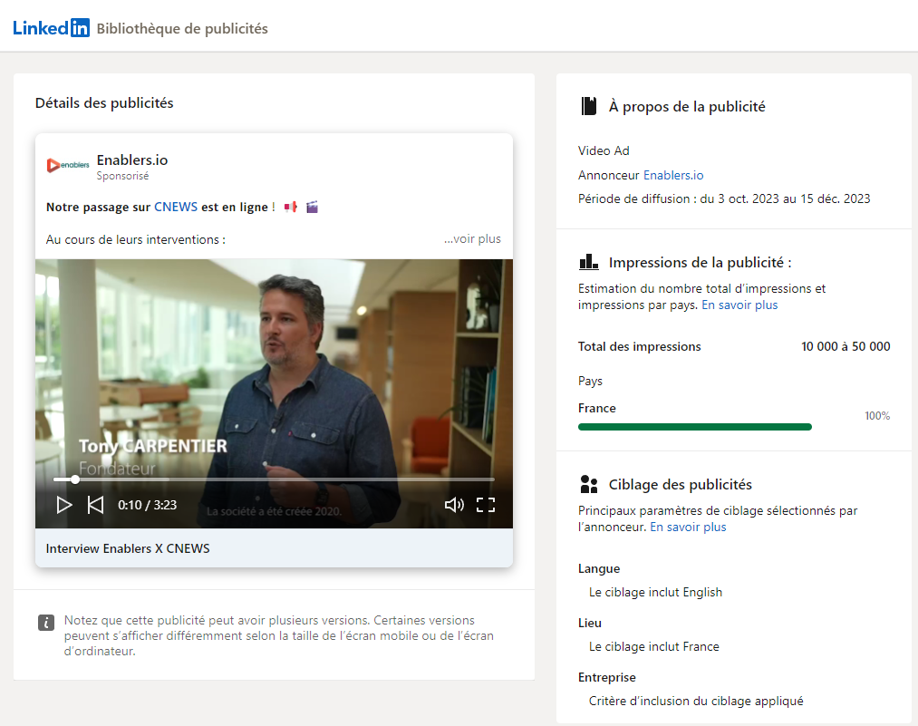 Capture d'écran du détail d'une publicité LinkedIn Enablers