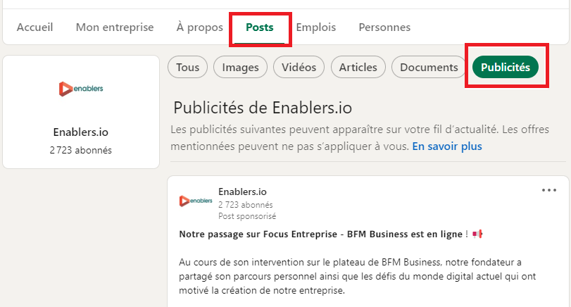 Capture d'écran des publicités de la page LinkedIn Enablers