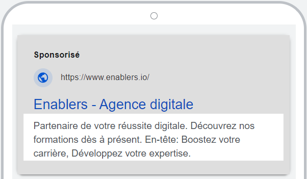 Aperçu d'une annonce Google Search de l'agence Enablers