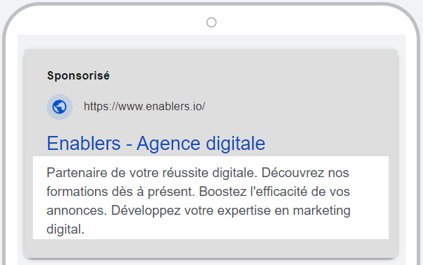 Aperçu d'une annonce Google Search Enablers avec description longue