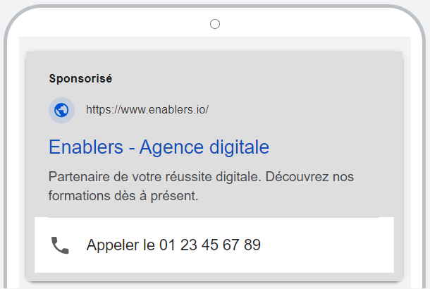 Aperçu d'une annonce Google avec extension d'appel