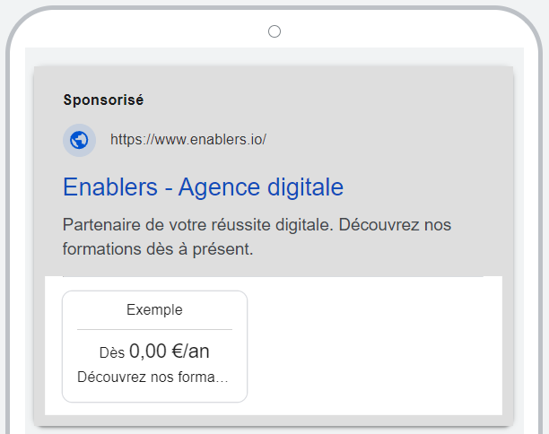 Aperçu d'une annonce Google avec extension de prix