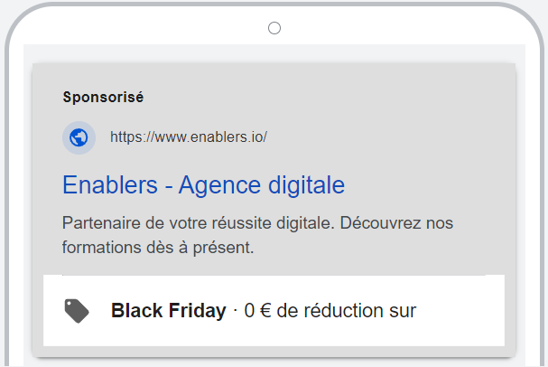 Aperçu d'une annonce Google avec extension promotionnelle Black Friday