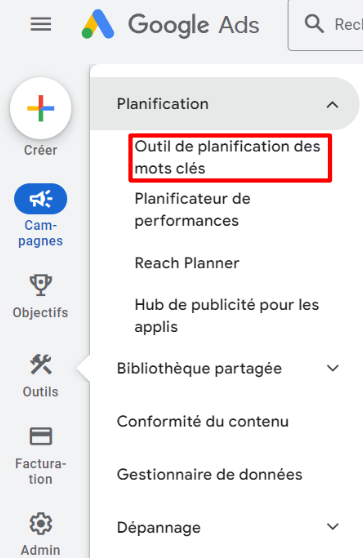 Capture d'écran : accès à l'outil de planification des mots-clés Google Ads