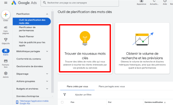 Capture d'écran de l'outil de planification des mots-clés Google Ads
