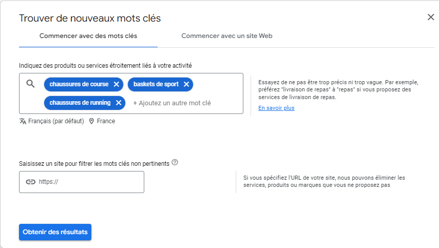 Capture d'écran : recherche de nouveaux mots-clés dans Google Ads