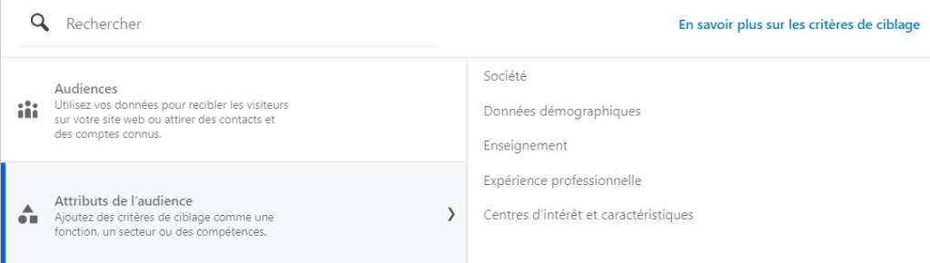 Capture d'écran d'un panneau de ciblage d'audience LinkedIn