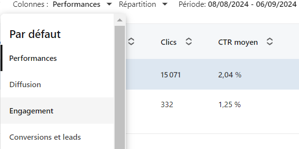 Capture d'écran d'un tableau de performances de campagne