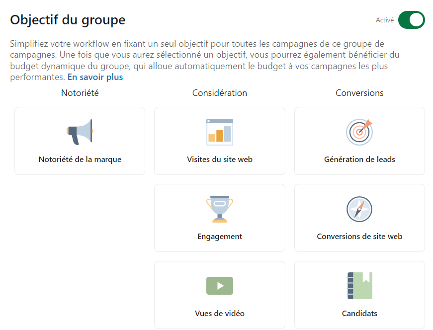 Grille des objectifs de campagne : notoriété, considération, conversions