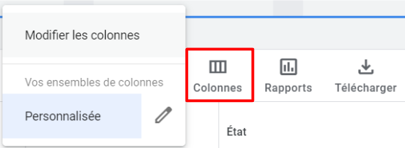 Capture d'écran : modification des colonnes d'affichage Google Ads