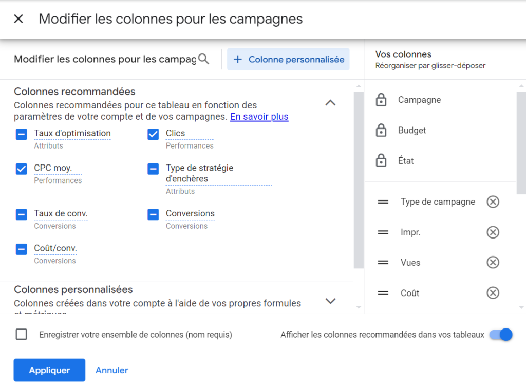Capture d'écran de la configuration des colonnes de campagne Google Ads