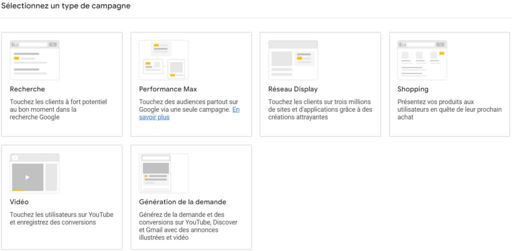 Capture d'écran des types de campagnes Google Ads