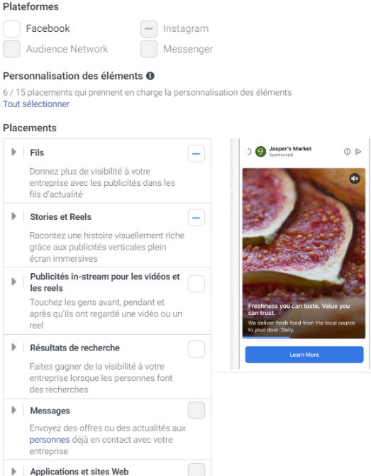 Capture d'écran : personnalisation des placements publicitaires Meta
