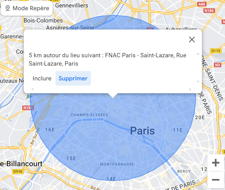 Capture d'écran Google Maps : rayon de ciblage géographique autour de Paris