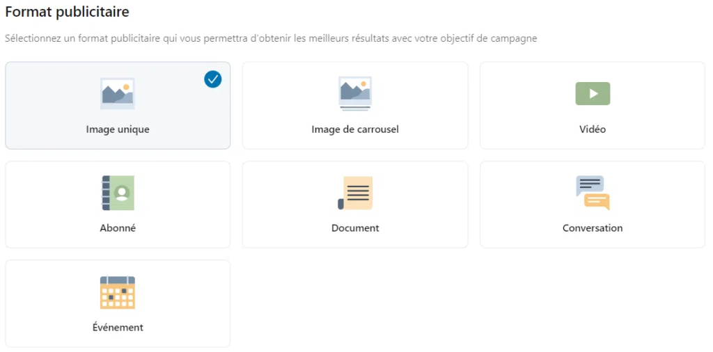 Capture d'écran : choix du format publicitaire (image, carrousel, vidéo)