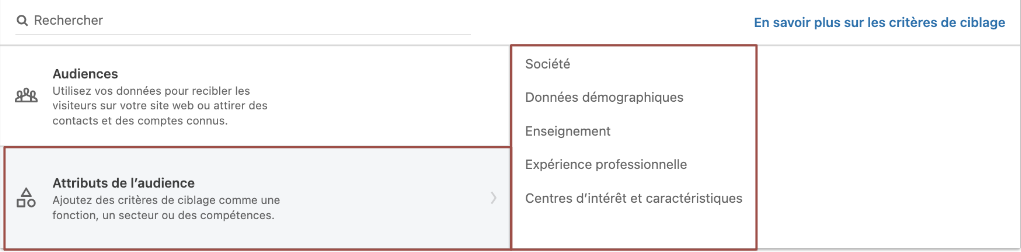 Capture d'écran des paramètres d'audience LinkedIn