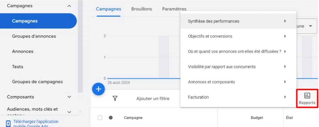 Capture d'écran des paramètres de performance d'une campagne Google Ads